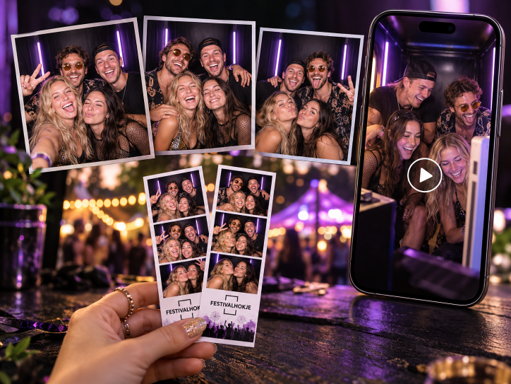 Festivalvrienden op foto’s, twee fotostrookjes in de hand en een video op een telefoon.